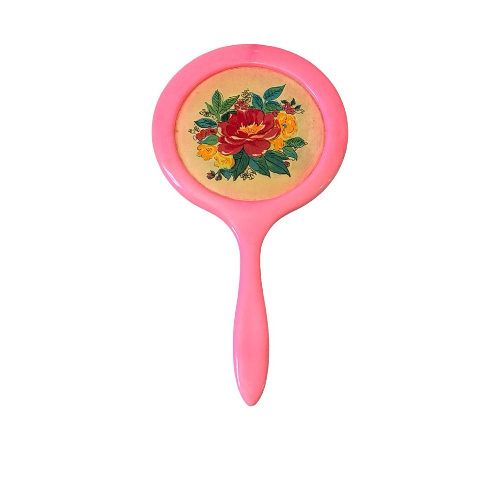 Vintage 1950s Pink Floral Hand Mirror - Cottagecore Vanity